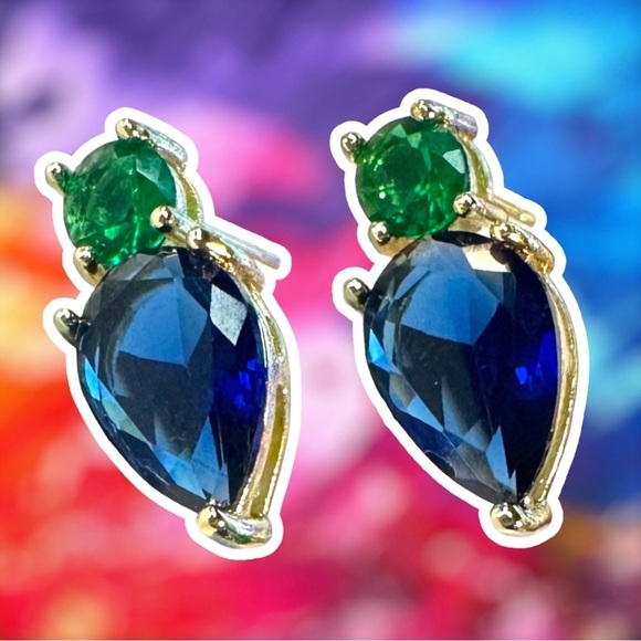 Jewelry - NEW Green & Blue Crystal CZ Goldtone Teardrop Stud Earrings